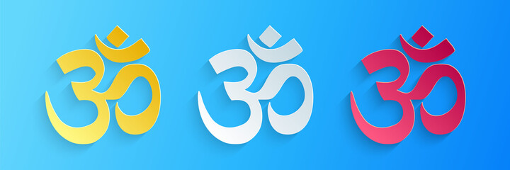 Paper cut Om or Aum Indian sacred sound icon isolated on blue background. The symbol of the divine triad of Brahma, Vishnu and Shiva. Paper art style. Vector.
