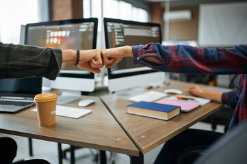 Two IT specialists in office, success work