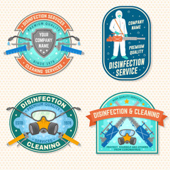 Obraz premium Set of disinfection and cleaning services patch, logo, emblem. Vector For professional disinfection and cleaning company. Vintage typography design with disinfectant worker , respirator and sprayer