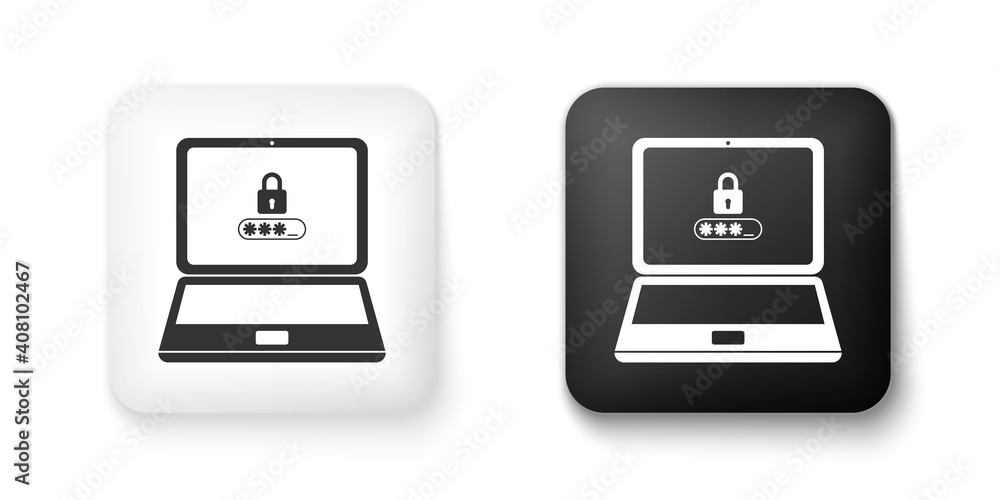 Poster black and white laptop with password notification and lock icon isolated on white background. concep