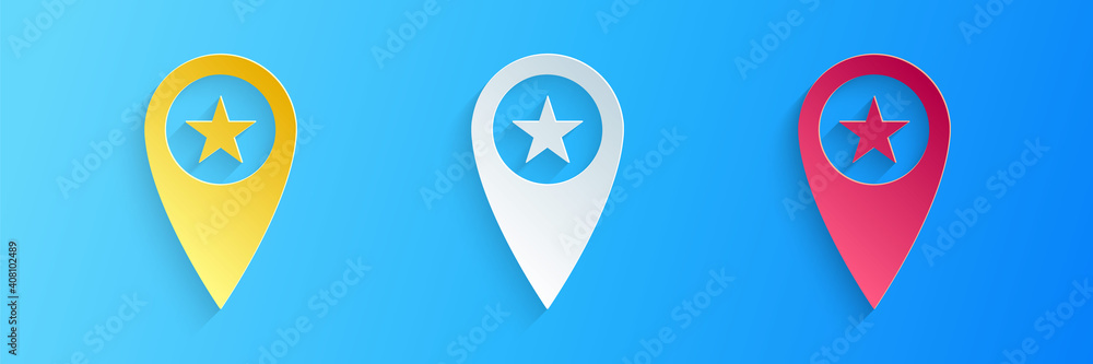 Poster paper cut map pointer with star icon isolated on blue background. star favorite pin map icon. map ma