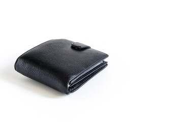 wallet made of black PU leather with a clasp on a white background close-up