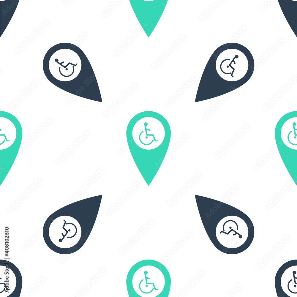 Poster green disabled handicap in map pointer icon isolated seamless pattern on white background. invalid s