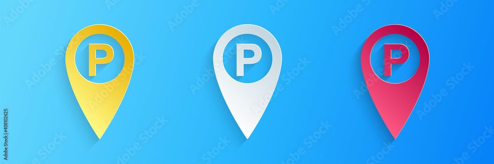 Poster paper cut map pointer with car parking icon isolated on blue background. paper art style. vector.