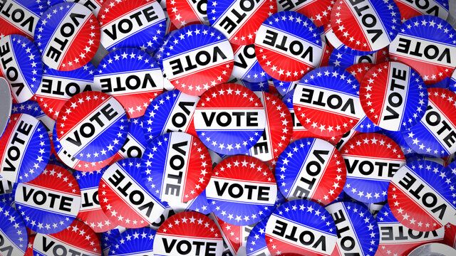 Patriotic USA Election Vote Buttons in a Pile.  Pins feature stars and stripes theme in red white and blue.