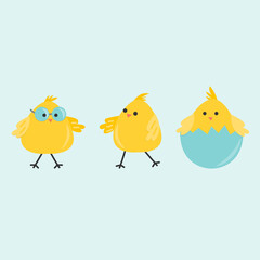 Set of Easter with three cute chickens. Perfect for holiday decoration, greeting cards, scrapbooking, party invitation, poster, sticker. Cartoon illustration