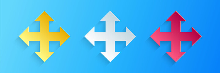 Paper cut Arrows in four directions icon isolated on blue background. Paper art style. Vector.