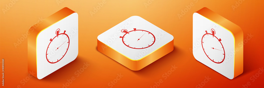 Poster isometric stopwatch icon isolated on orange background. time timer sign. orange square button. vecto