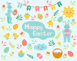 Easter set with spring design elements. Eggs, chicken, rabbit, flowers, basket, leaves, bunny. Perfect for holiday decoration, greeting cards, scrapbooking, party invitation, poster, sticker.