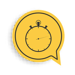 Black Stopwatch icon isolated on white background. Time timer sign. Yellow speech bubble symbol. Vector.