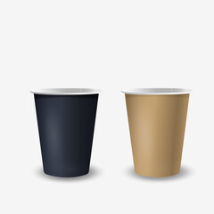 Vector 3d realistic disposable drink cups with brown and black paper isolated on white background. Coffee, Soda, Tea, Cocktail, Milkshake. Packaging design template for mockup. Foreground