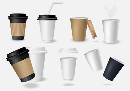 Set of paper coffee cup on white background. Collection 3d coffee cup mockup.