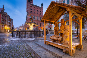 Christmas wooden nativity scene in the old town of Gdansk at dawn, Poland.