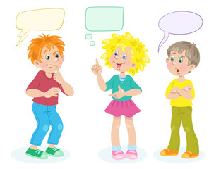 A cute girl and two boys are talking. Dialogue with speech bubbles. In cartoon style. Isolated on white background. Vector flat illustration.