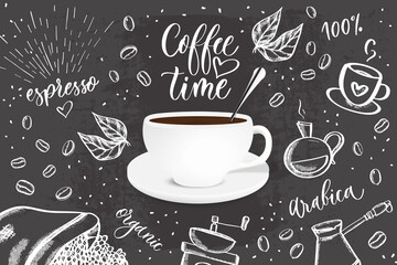 Coffee doodle - sketch illustration about coffee time. Vector background with doodle sketch illustration of cafe beans, beverage details for cafe menu.