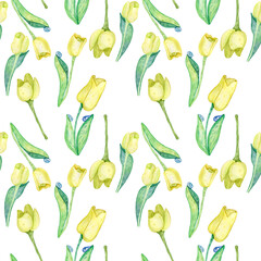 Seamless pattern with spring flowers tulips. Watercolor hand drawn flowers.