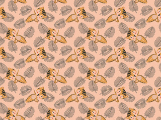 Seamless pattern of little cheerful cartoon tiger cubs in Vasishthasana asanas and black contour palm leaves on a pinkish beige background. Orange kitties in yoga poses. Vector.