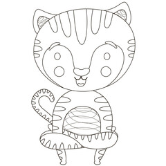 Black and white childish isolated outline illustration of a cute character tiger cub in yoga asana Kukkutasana rooster pose. For coloring book or logo. Vector.