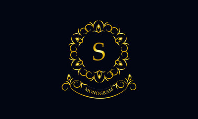 Naklejka premium Stylish decorative monogram with a possible inscription and the letter S. Exclusive gold logo on a dark background for a cafe, a symbol of business, restaurant, hotel, invitations, menus, labels, fash