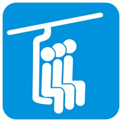 People on a mountain cable car, white silhouette on blue background, vector icon