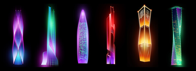Hologram smart city night neon on dark background, big data transmission technology concept. 3D rendering, 3D illustration.