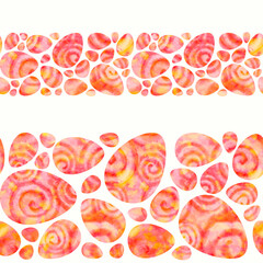 Watercolor coral eggs on white background. Bright Easter seamless border. Isolated on white background. Hand-painted texture with spiral, splashes, drops, gradients. Watercolor stock illustration.