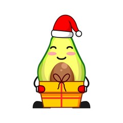vector illustration of cute avocado fruit christmas or character with gift box. cute avocado fruit Concept White Isolated. Flat Cartoon Style Suitable for Landing Page, Banner, Flyer, Sticker.