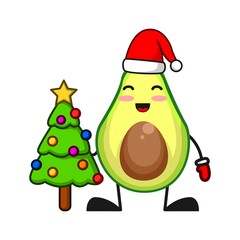 vector illustration of cute avocado fruit christmas or character holding tree. cute avocado fruit Concept White Isolated. Flat Cartoon Style Suitable for Landing Page, Banner, Flyer, Sticker.