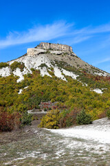 Fototapeta na wymiar Scenic autumn view to Tepe Kermen Cave City near Bakhchysarai in Crimea
