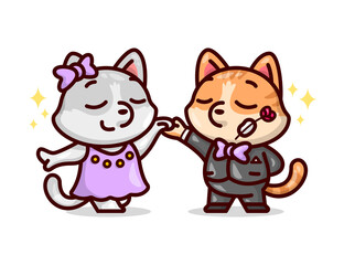 Obraz na płótnie Canvas CUTE DANCING COUPLE CAT IN LUXURIOUS OUTFIT AND LOOKING SO HAPPY. VALENNTINE'S DAY ILLUSTRATION.