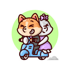 CUTE CAT COUPLE RIDING A BLUE SCOOTER AND MAKE AN HAPPY FEELING EXPRESSION. VALENTINE'S DAY ILLUSTRATION.