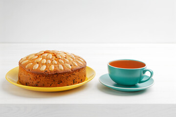 Homemade cake with almonds and cup of tea on a white wooden table. Copyspace.