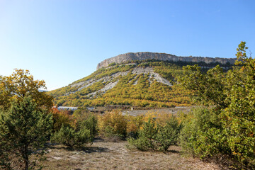 Fototapeta na wymiar autumn in the mountains limestone cliff surrounded by colorful forest