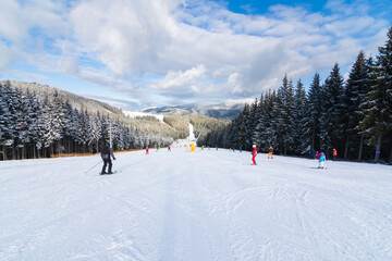 Fototapeta na wymiar Panorama of ski resort, slope, people on the ski lift, skiers on the piste among white snow pine trees