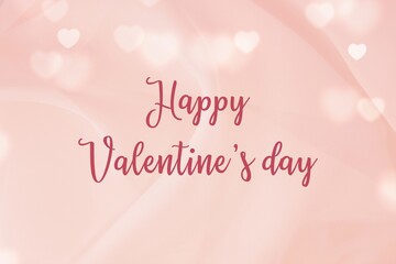 Happy Valentine's day greeting card design with text, pink bokeh background with hearts and words.