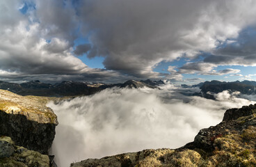 Landscape with beautiful Norway fjord , early morning, view from bird's eye.