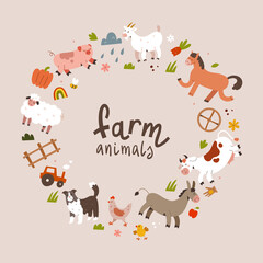 Farm animals frame, copy space template with wreath made of illustrations of domestic animals, cow, sheep and pig illustrated