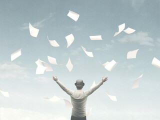 illustration of man throwing sheets of paper in the air, surreal concept