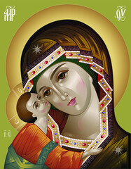 The Blessed Virgin Igorevskaya. Inscriptions in Early Cyrillic alphabet: "Mother of God", "Jesus Christ". Madonna and child. Vector Icon.