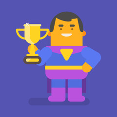 Superhero holding gold cup and smiling. Vector character