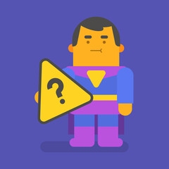 Superhero holding question mark. Vector character