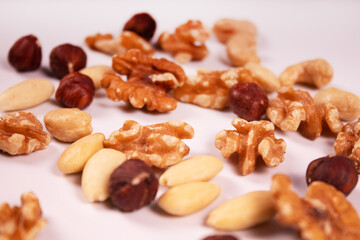 hazelnuts, cashews, walnuts and almonds are mixed with each other at an angle