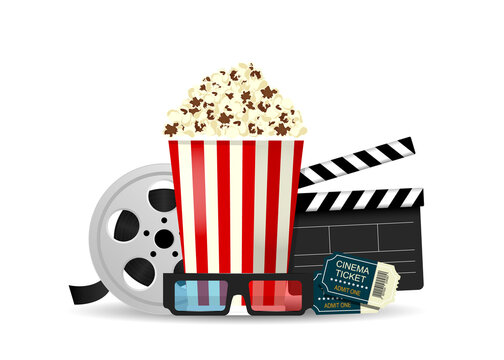 Set of objects cinema isolated on white background. Cinematography concept. Popcorn, film reel, clapper board, cinema tickets, 3d glasses. Vector illustration.