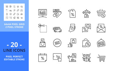 Line icons about discounts. Shopping. Pixel perfect 64x64 and editable stroke