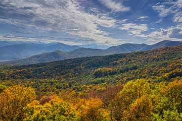The mountain autumn landscape with colorful forest. Golden autumn in the forest. Caucasus mountains, Adygea, Russia