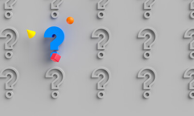 3D illustration of icon with pattern on light gray background with colourful geometric shapes for festive touch. Social network icon question mark