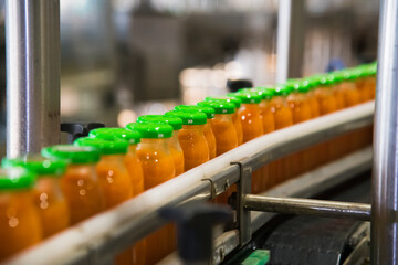 Production line of juice on beverage plant or factory