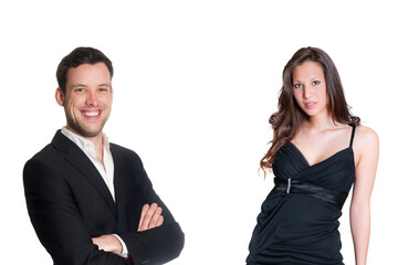 Portrait of a young elegant business couple, isolated in front of white studio background