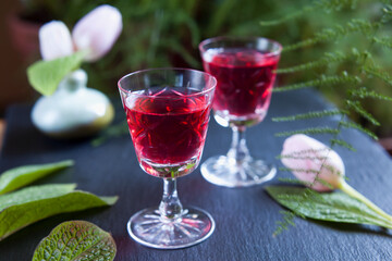 Cherry liquor - fruit berry delicious sweet aperitif, homemade from garden berries.