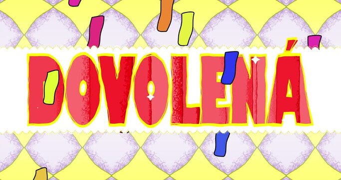Children's background with the title HOLIDAY in Czech in the style of a picture or cartoon. An endlessly repeating splash screen on the theme of entertainment and relaxation.